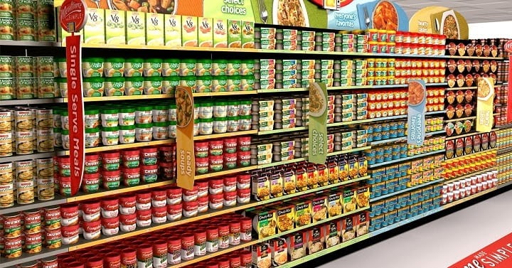 Gôndola de supermercado em organização dos produtos na forma de blocos
